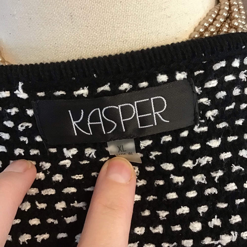 KASPER Women's Chic Black & White Textured Fringe Knit Cardigan Jacket XL - Picture 7 of 8